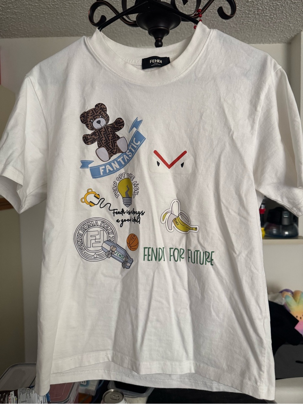 Fendi White Kids Graphic 'Fendi For Future' Tee with Multicolor Motifs